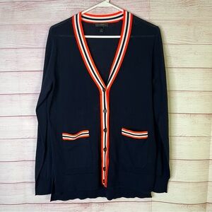 J.Crew Lightweight Navy Blue Neon Orange White Trim Cardigan Sweater Size Small‎